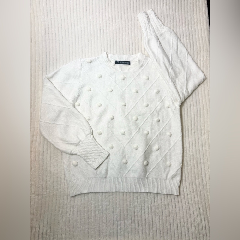 Simplee Plus Women’s XL White Pom Pom Knit Sweater – Chic Textured Pullover
